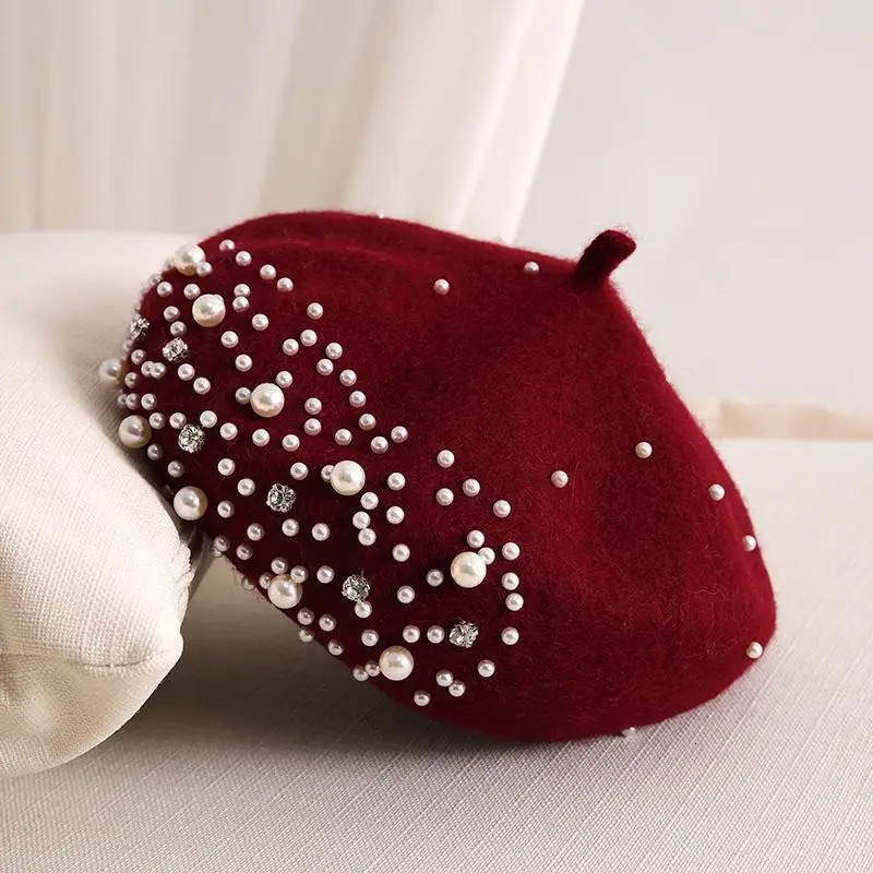 Pearl rhinestone wool beret womens autumn and winter British retro versatile painter hat multi colored 251029