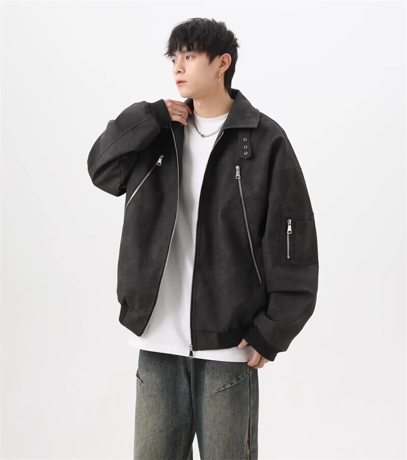 American High Street Unisex Vintage Motorcycle Stand Collar Leather Jacket Men Vintage Designer Jacket Stand Collar Zipper Design Coat