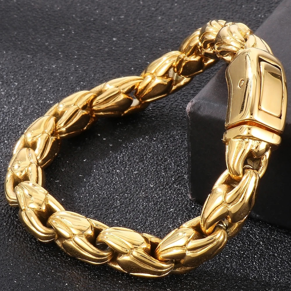 10MM Width Sunflower Seeds Style Chain Man Bracelet for Men Gold Color Polished Stainless Steel Male Bracelets Wrist Jewelry 251028