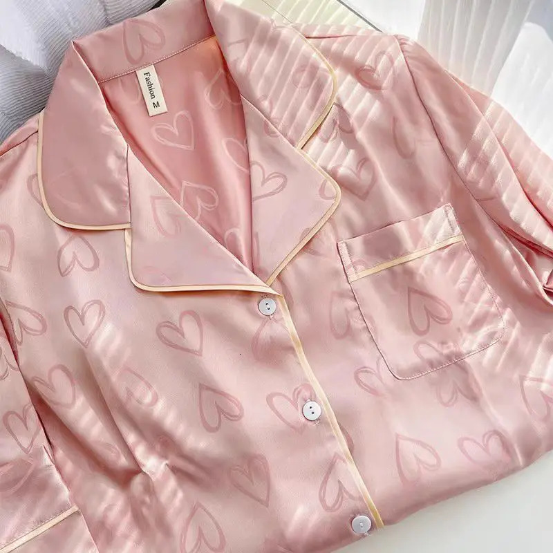 LongSleeved Trousers Simulation Silk Pajamas Female Autumn and Winter Cardigan Lapel Student Love Blue Womens Homewear 251029