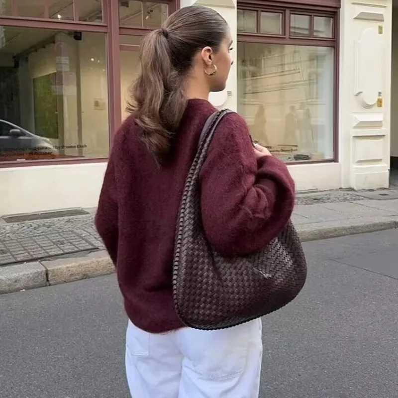 HXAO Faux Wool Knitted Sweater Women Autumn Winter Long Sleeve Oversize Sweater Woman Round Neck Burgundy Sweater Jerseys J251029