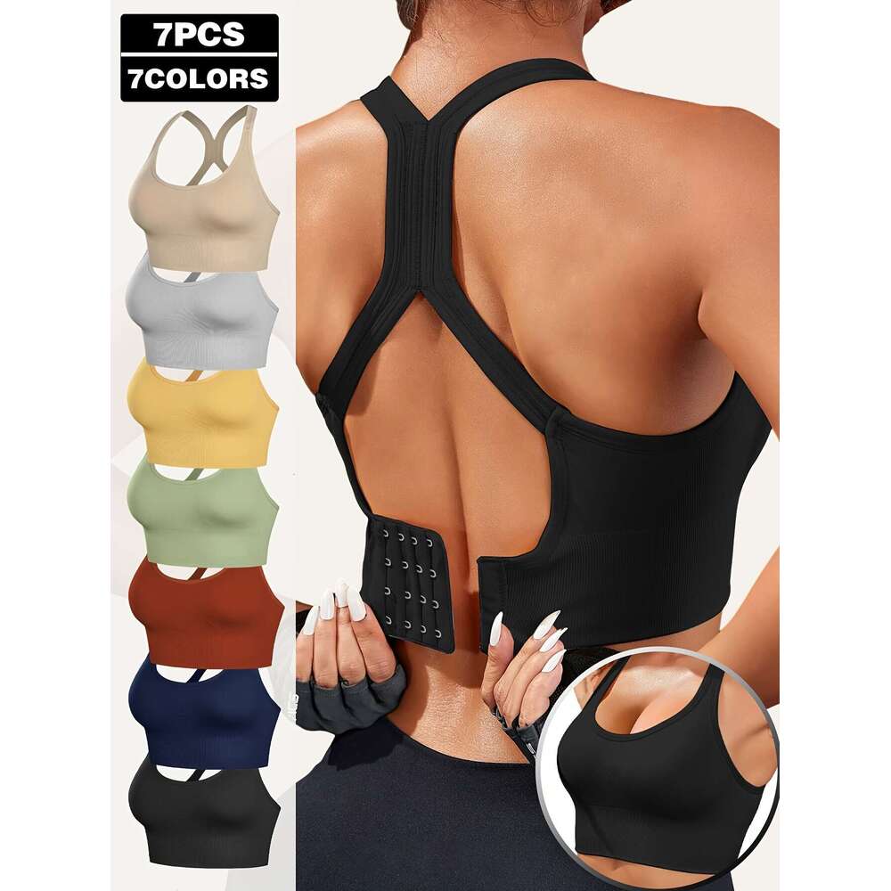 7-Pack Women's Sports Bras, X-Back Support, Wireless, Removable Pads, Seamless, U-Neck, Full Cup, Knit Fabric, Polyamide 90%, Elastane 10%, Solid