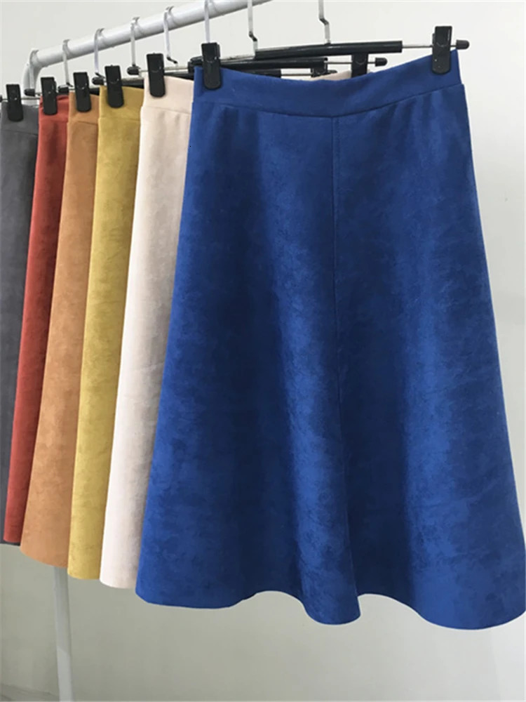 REALEFT 2025 Autumn Winter Women Suede Midi Skirts High Waist Multi Color Elegant ALine Skirts Umbrella Ladies Skirt Female 251028