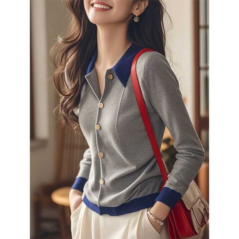 Grey Patchwork Knit Sweater Women Autumn Single Breasted Long Sleeve Top Elegant CoatT251028