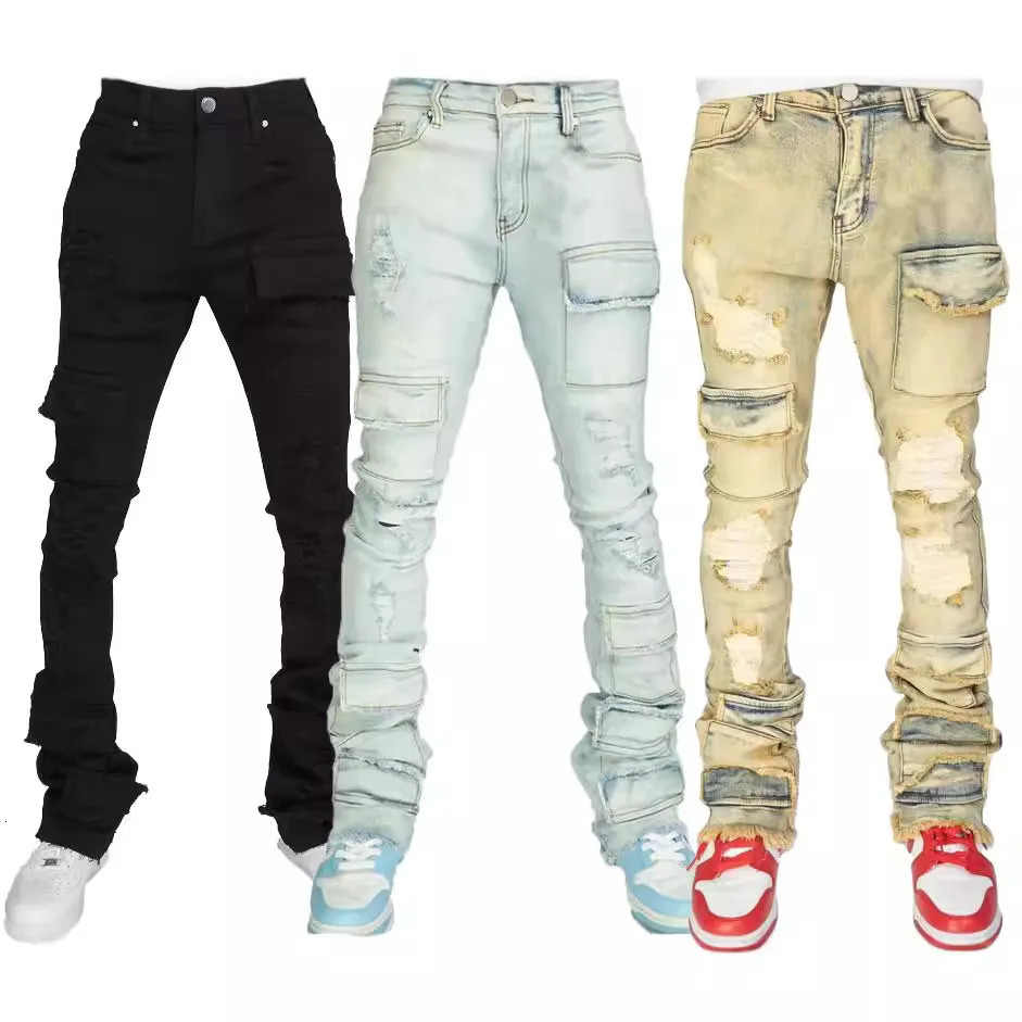 Men Jeans Long Pant Denim Flare Pants Hole Straight Trousers Slim Fit High Waist Casual Button Pocket Splice Autumn Winter 251029