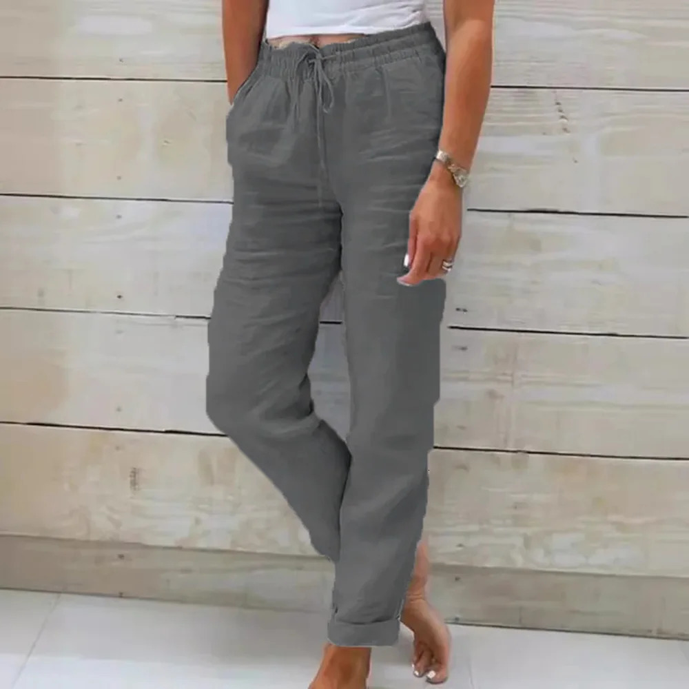 Women Summer Autumn Breathable Cotton Linen Trendy Pants Elastic Waist Straight Leg Solid Color Female Casual Baggy Trousers 251029