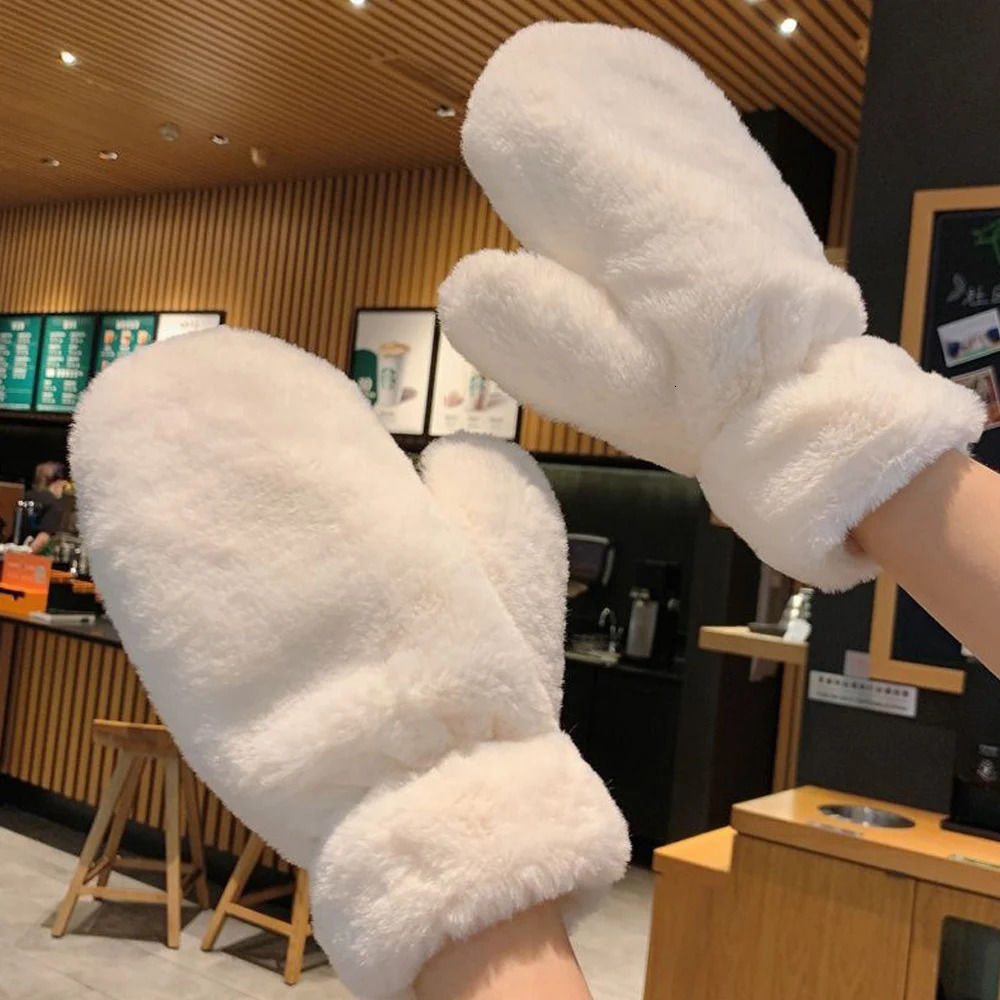 Thicken Plush Soft Winter Fingerless Gloves Women WarmFur Fuzzy Mittens Cold Protection Velvet lining Outdoor Fluffy Gloves 251029