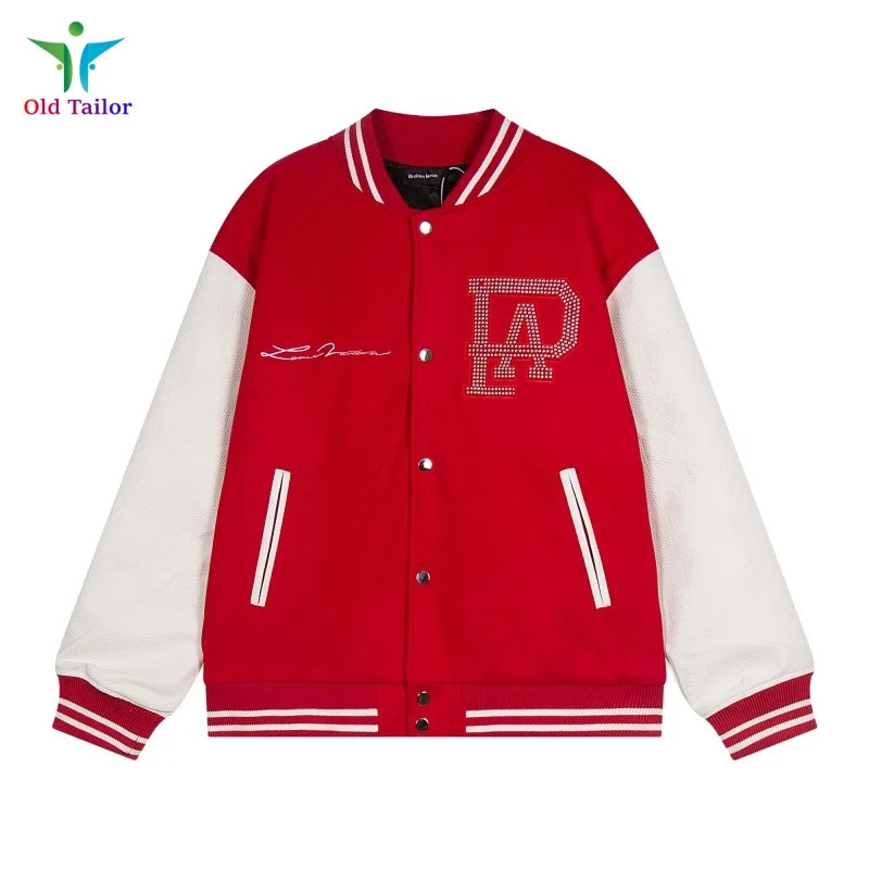 24SS Top Quality Red Rhinestones Colorblocking Leather Sleeve Mens Womens Baseball Jacket 251028