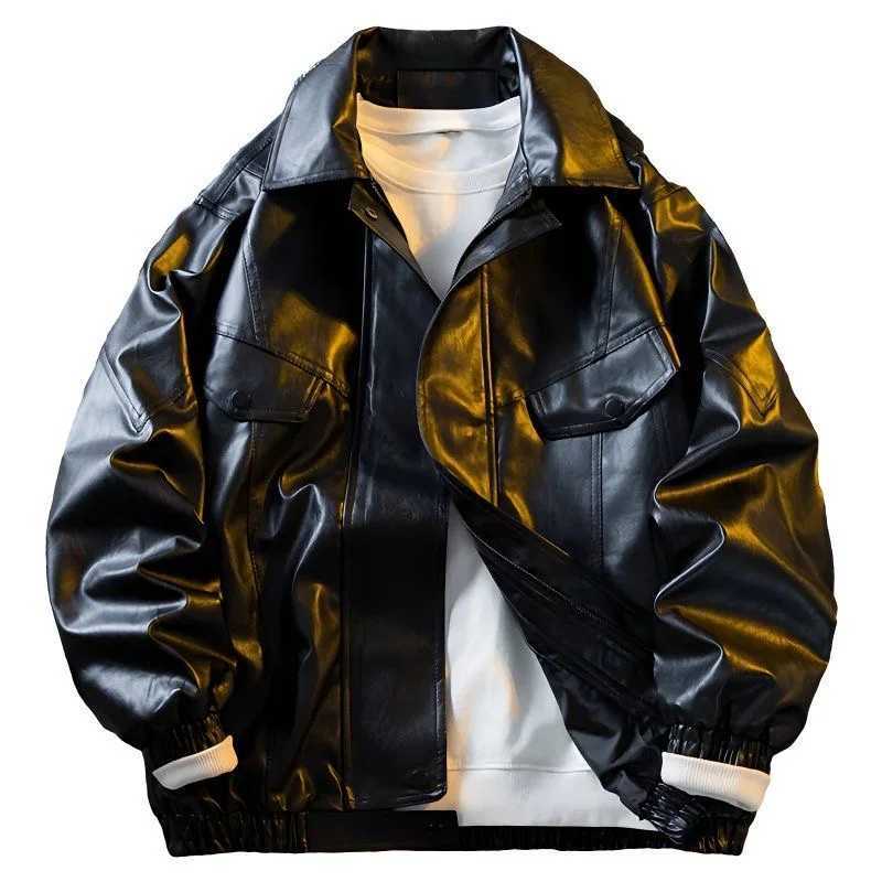 Spring and Autumn New Fashion Trend Retro Solid Color PU Leather Jacket Mens Casual Loose Sports Motorcycle Large Size CoatT251029