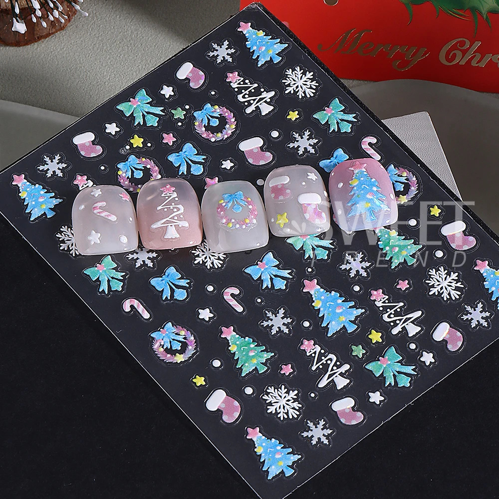 6pcs Christmas Nails Art Stickers 5D Embossed Christmas tree Snowflake Gloves Elk Bow Nail Decals Sliders DIY Manicure Decor 251027