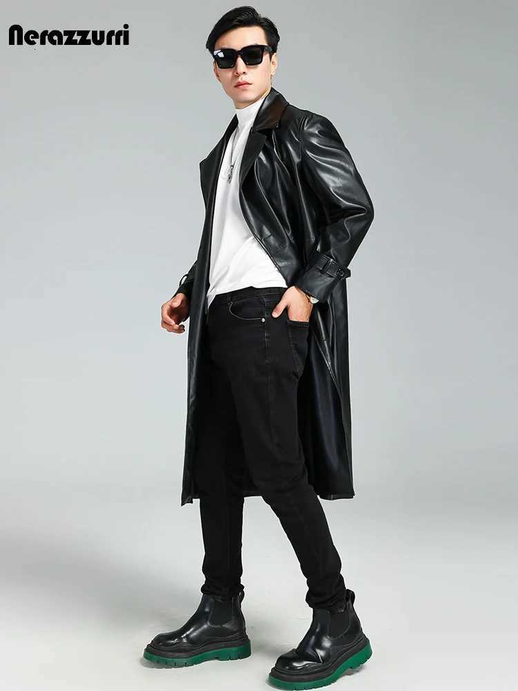 Nerazzurri Autumn Winter Long Black Soft Pu Leather Trench Coat Men Belt Double Breasted Luxury Plus Size Overcoat 3xl 4xl 5xlT251029