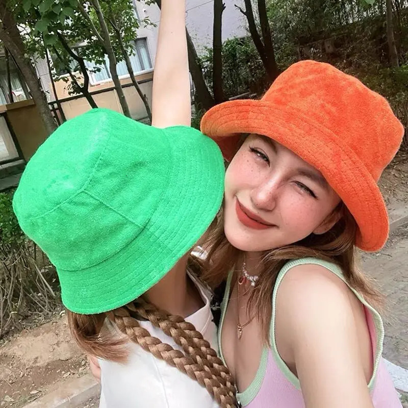 Simple Terry Cloth Towel Bucket Hat Spring Autumn Outdoor Panama Sun Fisherman Hat Unisex Candy Pure Color Fashion Cap 251029