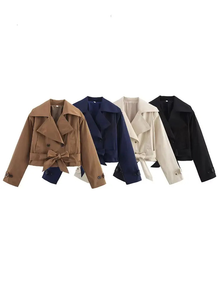 HH 2025 Spring Retro Vneck Double Breasted Womens Pocket Top Loose Jacket Womens Street Casual Laceup Short Trench Coat 251013