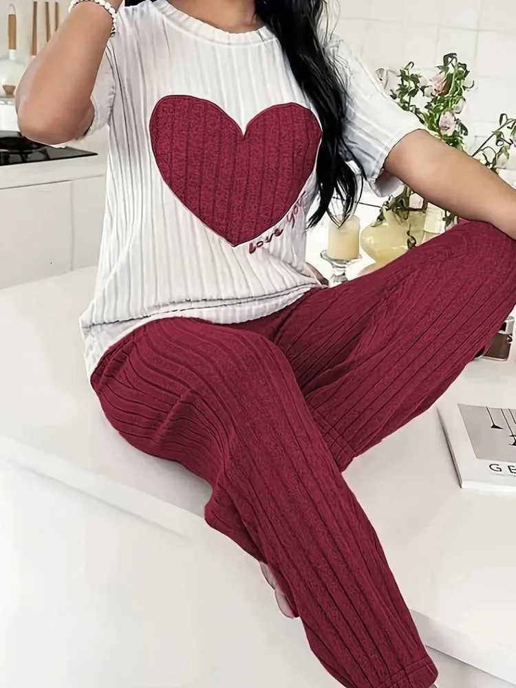 Autumn Winter Round Neck Short Sleeve Long Pants with Ribbed Stripes and Letter Heart Print Womens Pajamas Home WearT251029