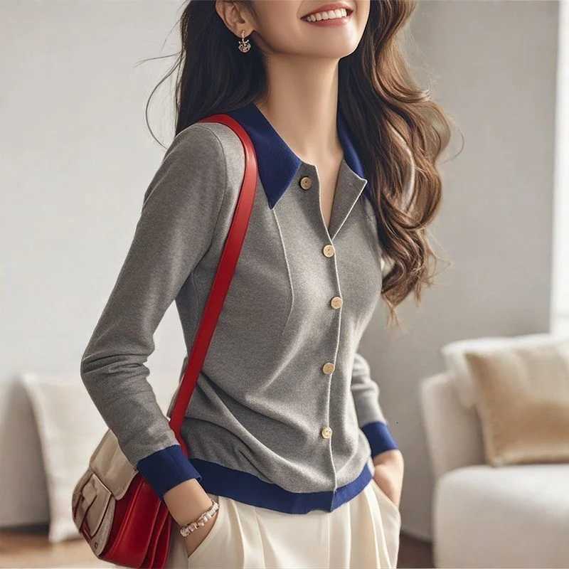 Grey Patchwork Knit Sweater Women Autumn Single Breasted Long Sleeve Top Elegant CoatT251028