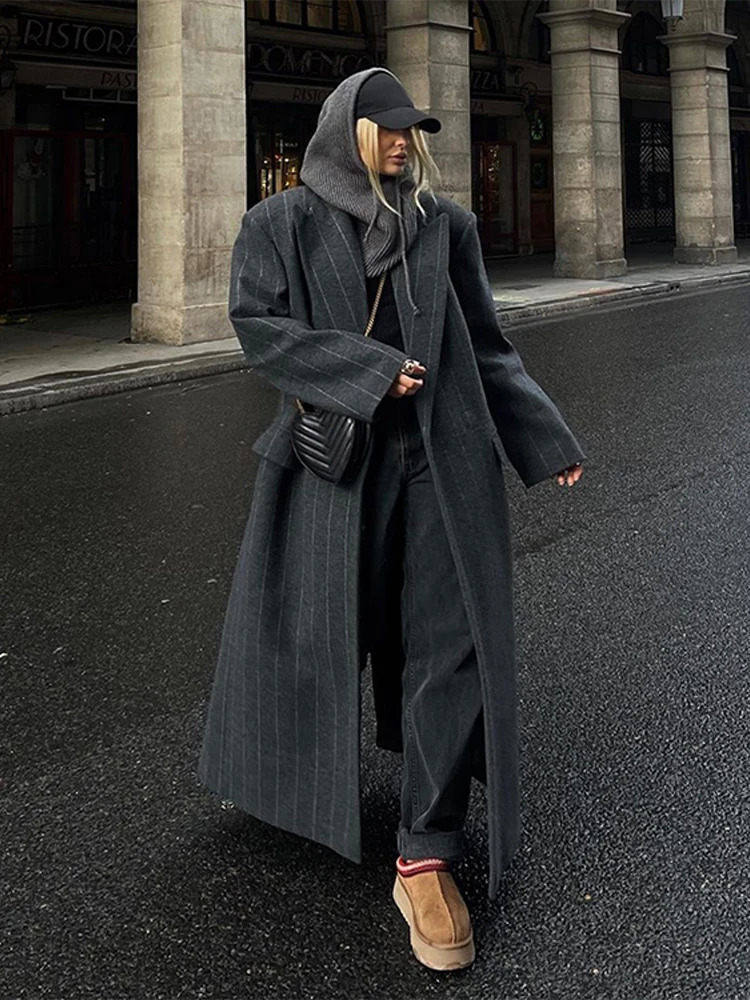 Retro Striped Lapel Woolen Long Coat Women Casual Loose Dark Grey Oversize Coats Female Winter Elegant Chic Streetwear 251028