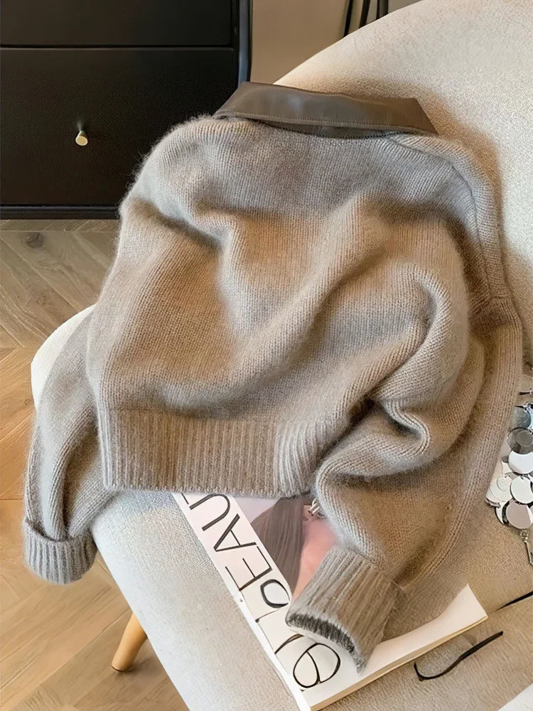 Patchwork Zipper Cropped Cardigan Women 400g Thick Autumn Knitted Sweater Bomber Jacket Vintage 2000s Short Fitted Knitwear Coat 251029