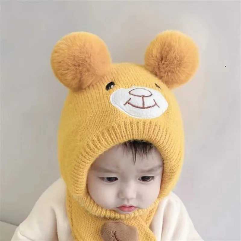 Pompom Baby Ear Protection Cap Cute Bear Kids Hooded Beanies 636Month Winter Warm Woolen Knitted Hat Children Neck Collar Scarf251028