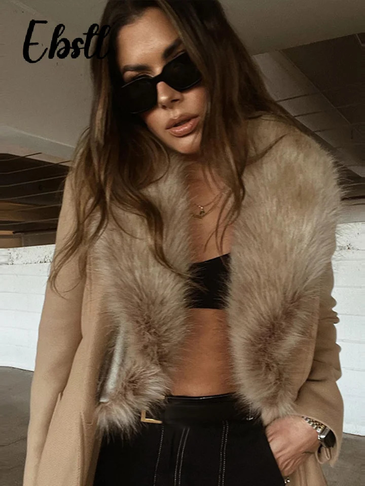 Elegant Fur Lapel Maxi Coats Women Lace Up Full Sleeve Pocket Wool Long Overcoats 2025 Winter Lady Solid High Street Outwear 251029