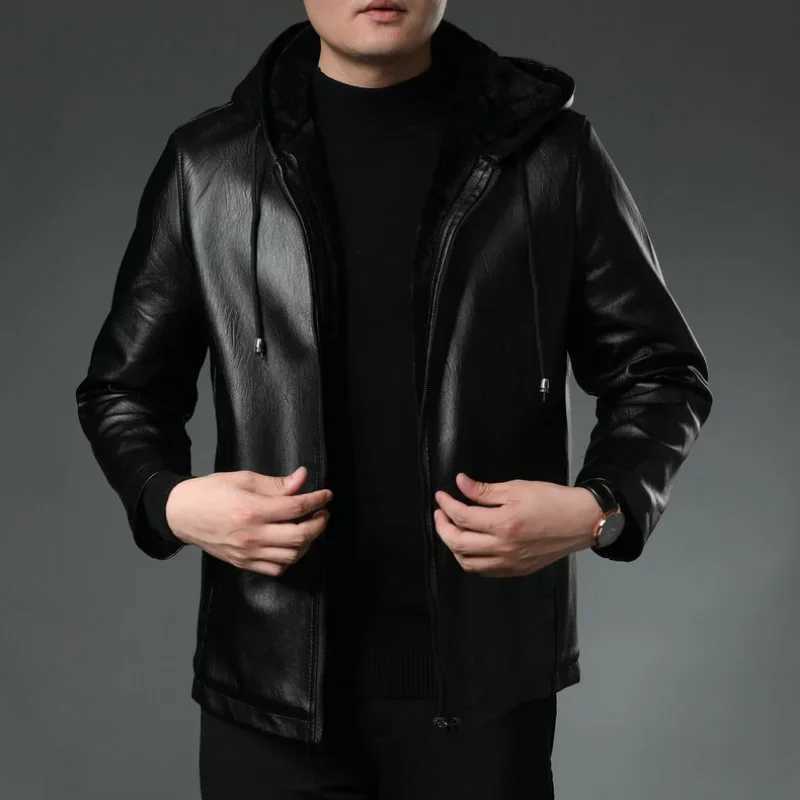 Mens Hooded Motorcycle Leather JacketWinter Thick Fleece Warm and Windproof Casual Mens Fashion Fake Leather JacketT251029