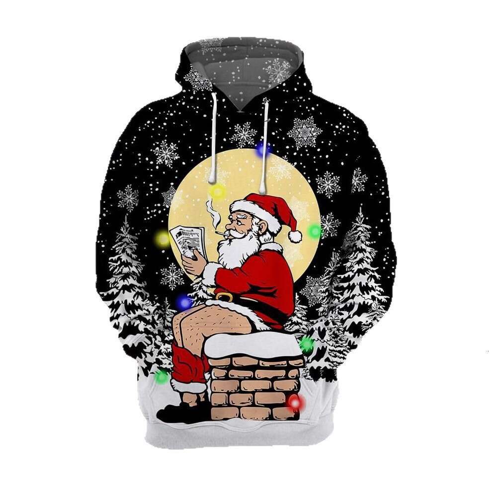 Mens Womens Christmas Elf Father Christmas Print Hoodie Casual Long Slve Sweatshirt with Pockets Winter
