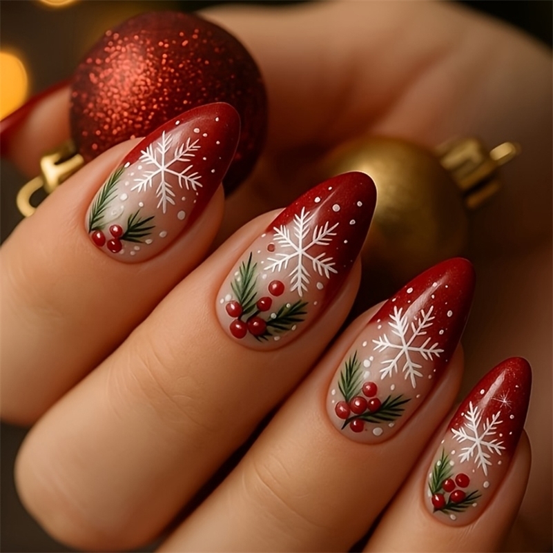 24pcs Christmas Press On Nails Almond French False Nail with Snowflake Holly Leaf Acrylic Full Cover Fake Nail Extension 251014
