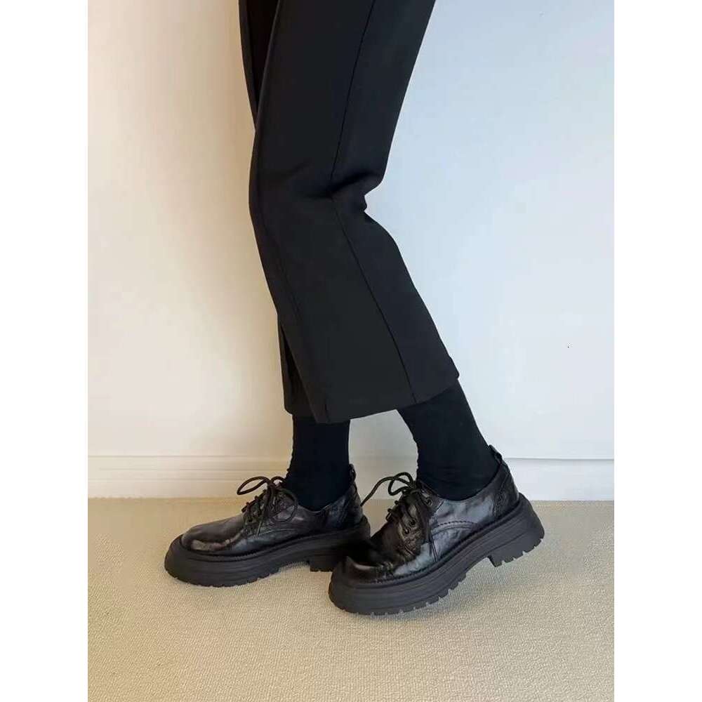 British Style Cross Lace Designer Shoe Genuine Leather Thick Sole Women's Loafers 2025 Autumn Round Toe Chunky Heel Single Shoes