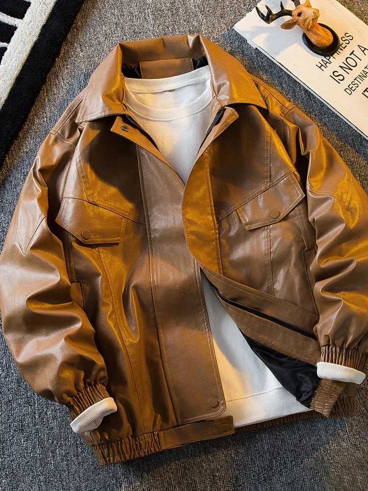 Spring and Autumn New Fashion Trend Retro Solid Color PU Leather Jacket Mens Casual Loose Sports Motorcycle Large Size CoatT251029
