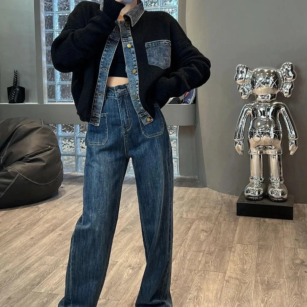 Grey Denim Patchwork Knit Sweater Cardigan Jacket Womens Fashion long sleeves Short Coat Single breasted Lady Sweater Outwear 251029