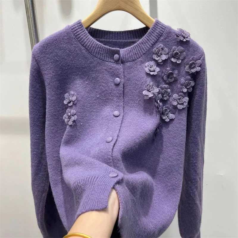 Korean Soft Waxy Knit Cardigan Women Round Neck Joker Sweater Ladies New Flowers Long Sleeve Casual Sweater Female Jacket TopsT251028