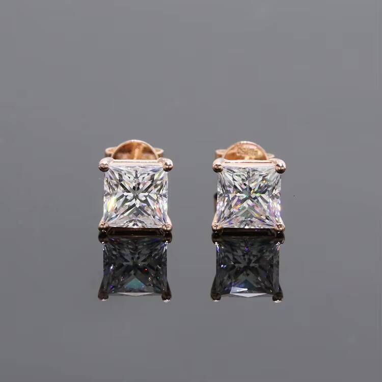 Free Shipping Fine Jewelry Two Carat Princess Cut Moissanite Gemstone 14k Rose Gold Screw Back Stud Earring