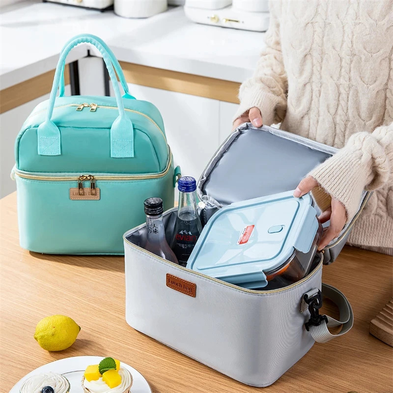Double Layer Lunch Bag Thermal Insulation Lunch Box Storage Handbag Travel Picnic Food Pouch Multifunctional Mummy Shoulder Bags 251029