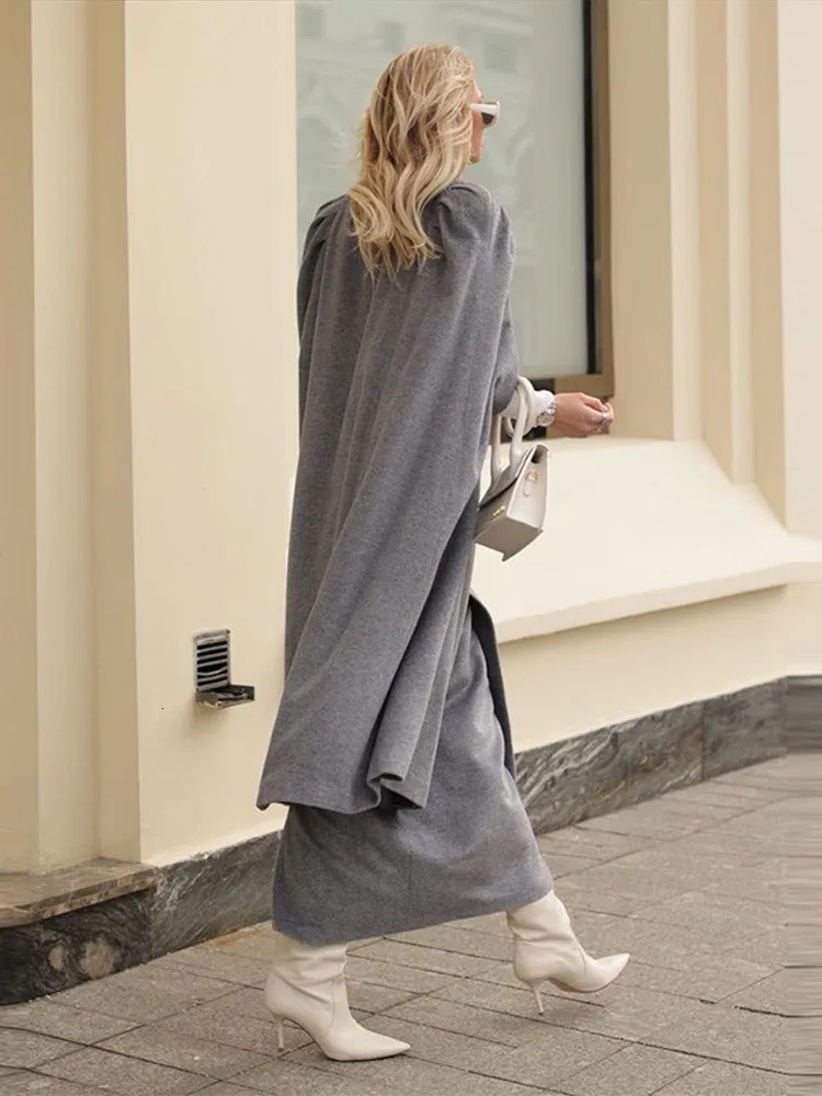 Elegant Belt Long Cloak Woolen Coat Woman Shoulder Pleats Solid Color VNeck Chic Coats Fashion Womens Warm Commute 251028