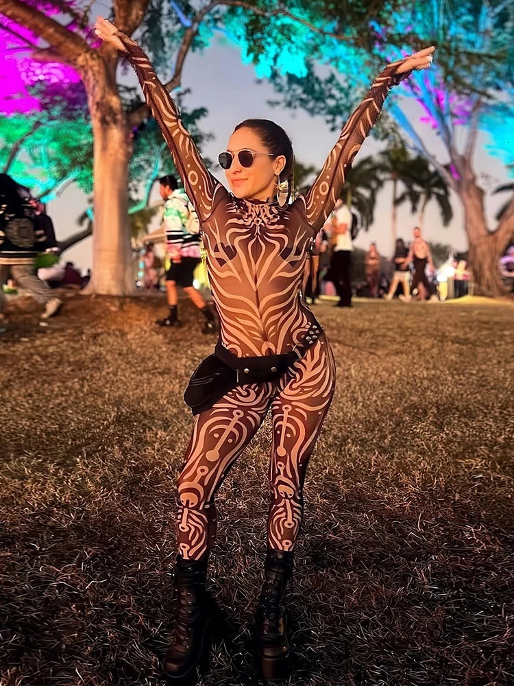 kliou Aesthetic Printed Women Jumpsuits Sexy Hipster Long Sleeve Stand Collar Bodyshaping Overalls Female Attractive Clubwear 251029