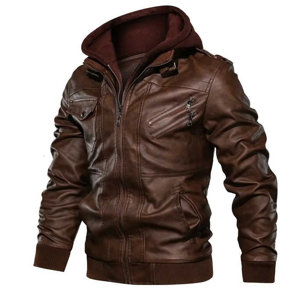 Vintage New Fashion Mens Solid Color Casual Trendy Simple Basic Spliced Faux Leather Coats Male Detachable Hooded Jackets TopsT251029