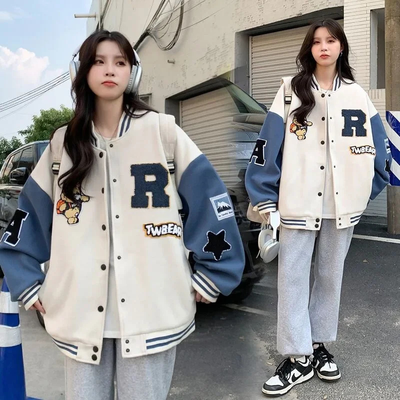 Retro Fleece Lined Baseball Jacket Womens Loose Fit Autumn Winter Style Student American Vintage Sweatshirt Jacket 251029