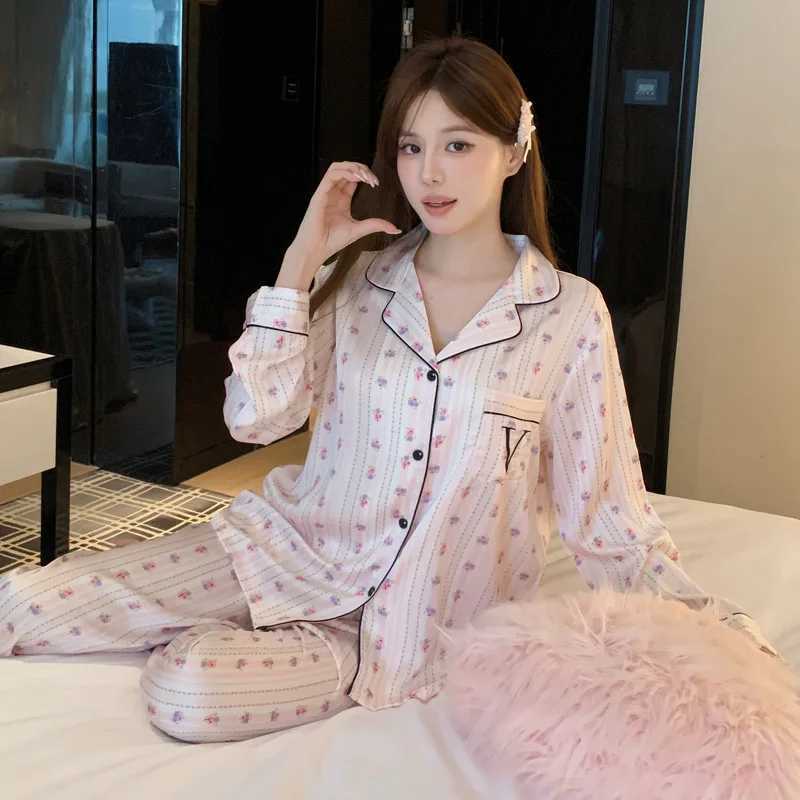 Floral Womens Ice Silk Lightweight Pajama Set Long Sleeve Top with Pants SpringFall Soft Silk HomewearT251029