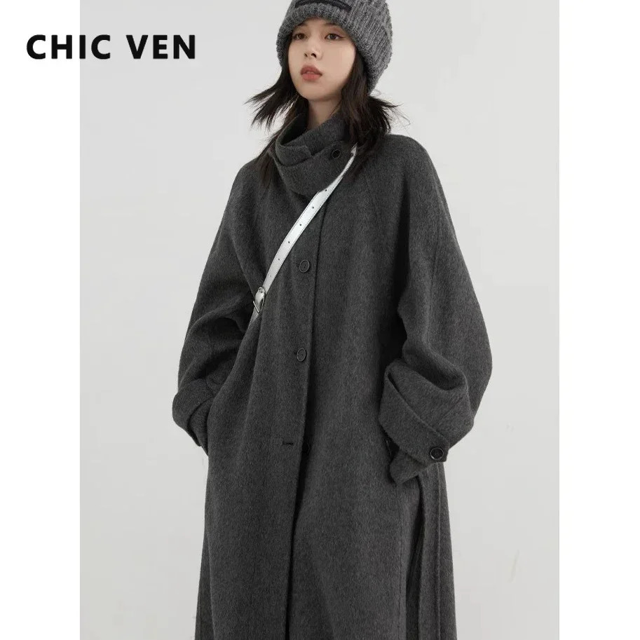 CHIC VEN Korean Women Woolen Coat Single Breasted Loose Stand Collar Belt Long Doublesided Ladies Overcoat Autumn Winter 251028