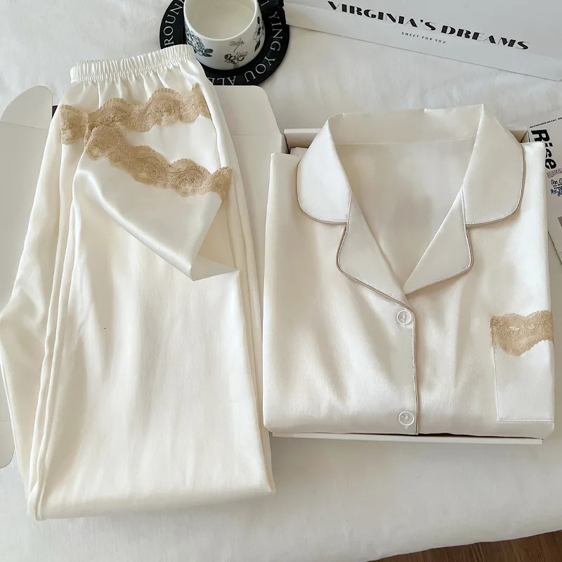 Womens SpringAutumn Ice Silk Nightwear Set Luxurious Lace Trim LongSleeved Lightweight Homewear Actual Product Pography 251029