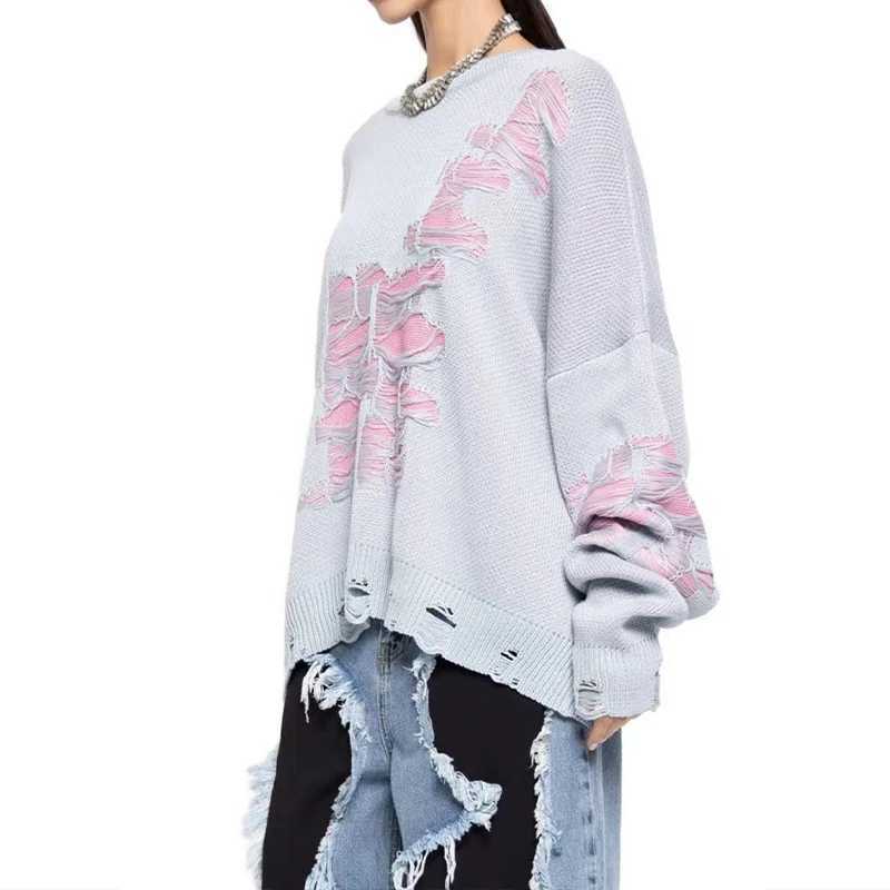 OMSJ Wasteland Style Fashion Contrast Hole Sweater Women Woolen Knitted Loose Baggy Casual Hottie Crew Neck Pullovers Streetwear J251029