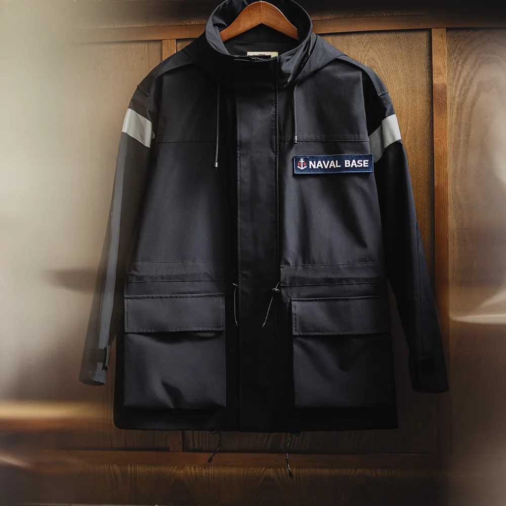 Maden Retro Midlength Navy Parka Windbreaker Loose Fit Windproof Hooded Jacket Versatile Mens Outerwear for Autumn and Winter J251029