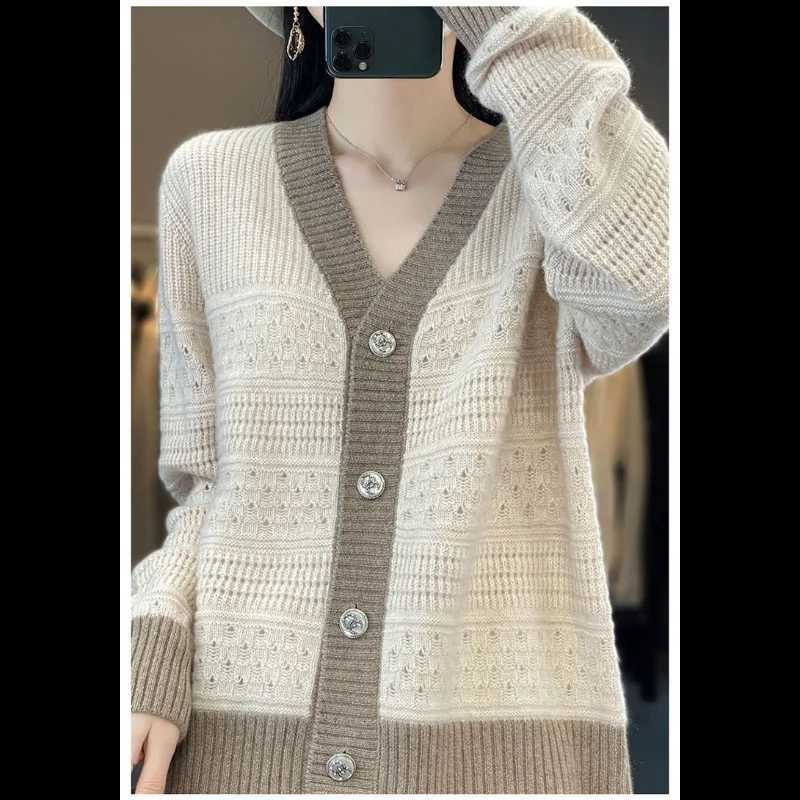 New Autumn and Winter Hollowed Out Womens Sweater Jacket Color Blocked Korean Style Thin Knit Sweater Westernstyle TopT251028