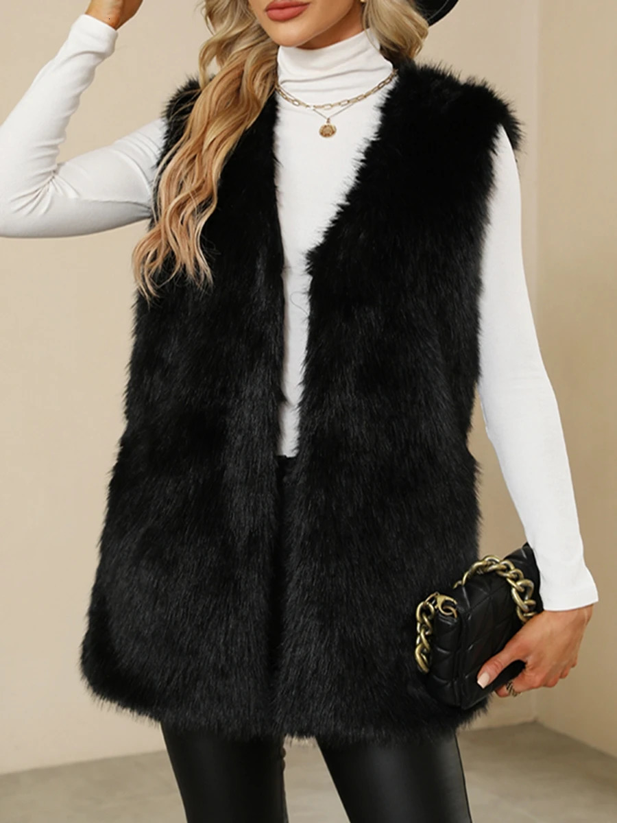 Ladies Winter Sleeveless Vest ButtonUp Faux Fur Jacket with Solid Color for Warmth and Style 251029