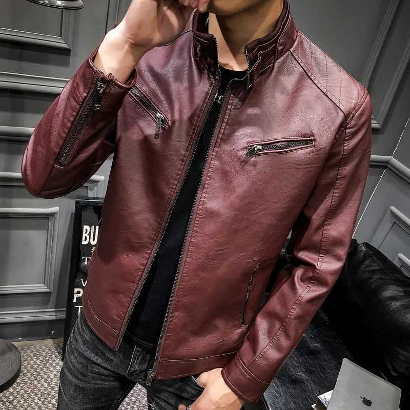 Mens PU leather jacket mens trendy youth stand collar punk mens motorcycle leather jacketT251029