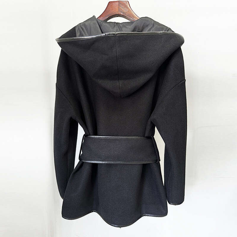 2025 New Celebrity Hooded Belted Batwing Sleeve Mid-Length Woolen Jacket Coat