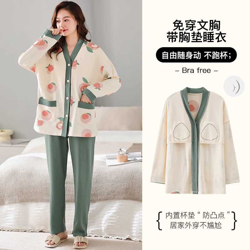 Newest Autumn Winter 100Cotton Womens Long Sleeve Pajamas Set V Neck Loose Soft M5XL Female Pyjamas With Cheast PadT251029