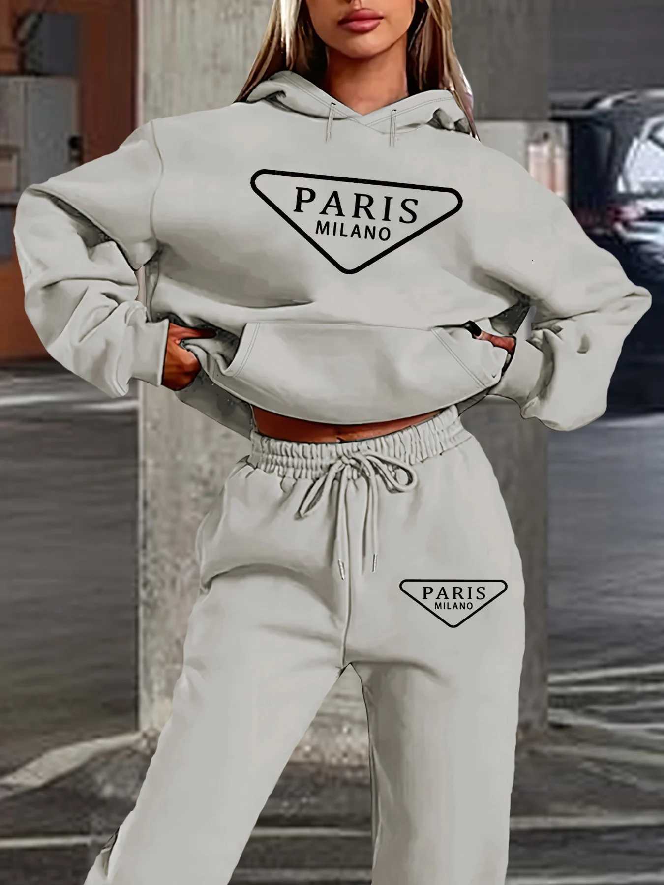 luxeryWomens autumn and winter fashionable casual Paris MILANO printed and plush thick warm hooded sweatshirtsports pants set designer C251029