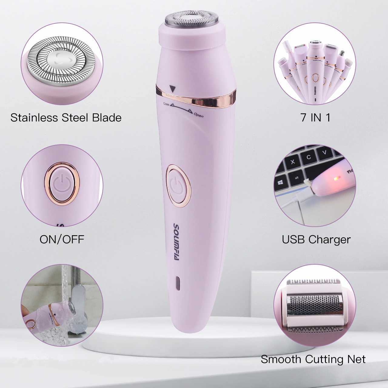 Solimpia 7 in 1 Body Hair Removal Electric Epilator Armpit Hair Bikini Hair Leg Hair Pubic Hair Electric Razor Clipper Shaver J251117