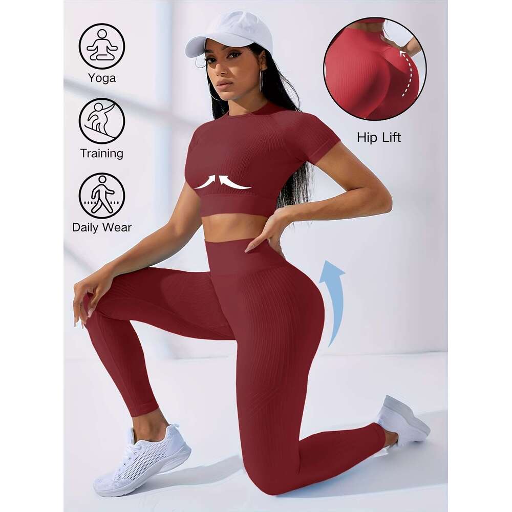 Two-Piece Outdoor Sports Suit - Short Sleeve Navel Top High Waist Solid Color Running Tights, Women's Workout Sets for Yoga and Dail Wear with Me