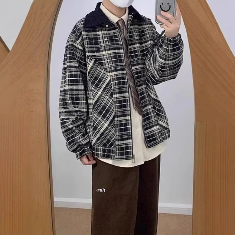 Spring Designer Jacket And Autumn American Style Pilot Short Plaid Jacket Men's Trendy Korean Version Loose Cool Turn-down Collar Workwear Jacket